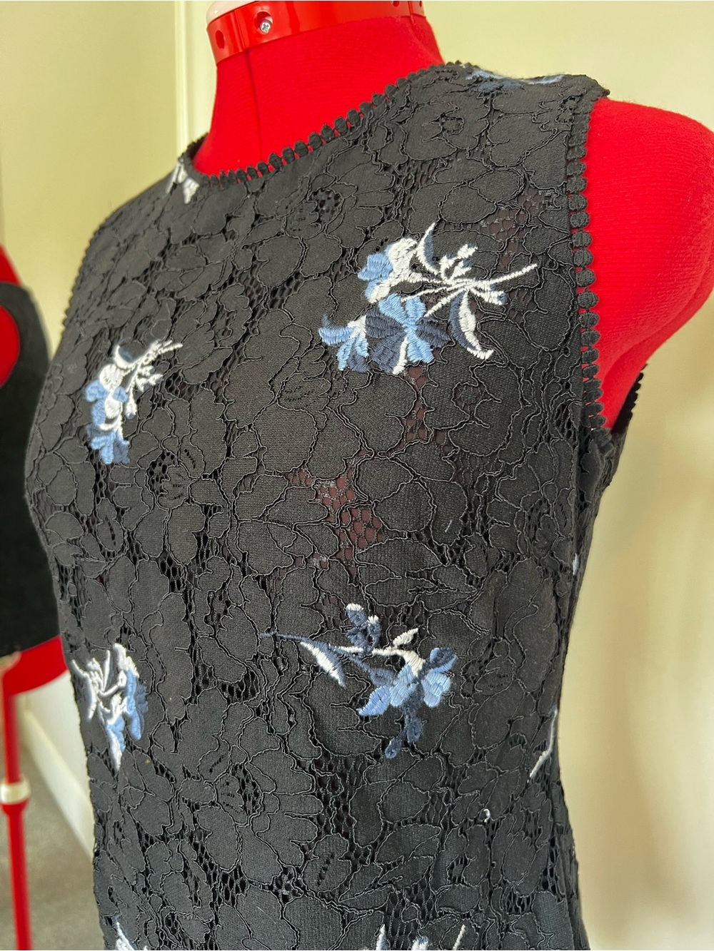 Ann Taylor Black Lace Shell with Blue and White Floral Embroidery